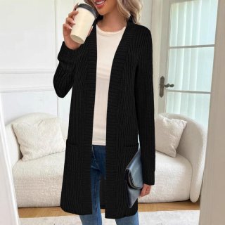 Women's Plus Size Long Open Front Cardigan Ribbed Knit Long Sleeve Sweater Coat With Pockets Solid Color Loose Casual Outerwear