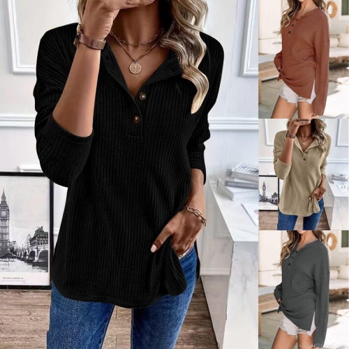 Women's Plus Size Ribbed Knit Henley Sweater Long Sleeve Button Down Loose Pullover Top With Side Slit For Autumn Winter Casual Daily Wear