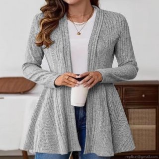 Women's Plus Size Ribbed Knit Cardigan Solid Color Long Sleeve Open Front Peplum Hem Long Length Casual Outerwear for Autumn Winter