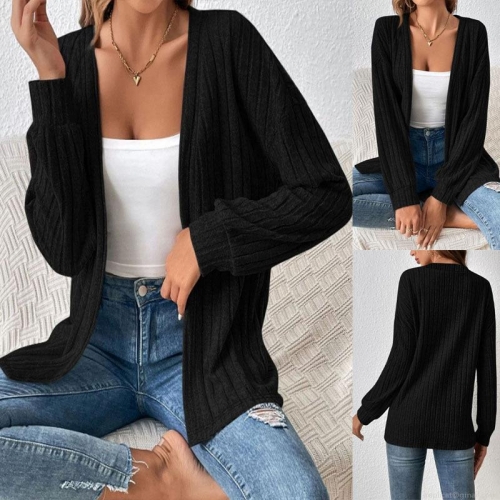 Women's Plus Size Casual Ribbed Knit Cardigan Open Front Long Sleeve Solid Color Outerwear Soft Lightweight Comfortable Top Jacket