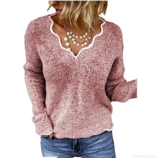 Women's V-Neck Scalloped Edge Knit Sweater Acrylic Loose Long Sleeve Pullover Casual Solid Color Jumper Fashion Streetwear Autumn Winter Top