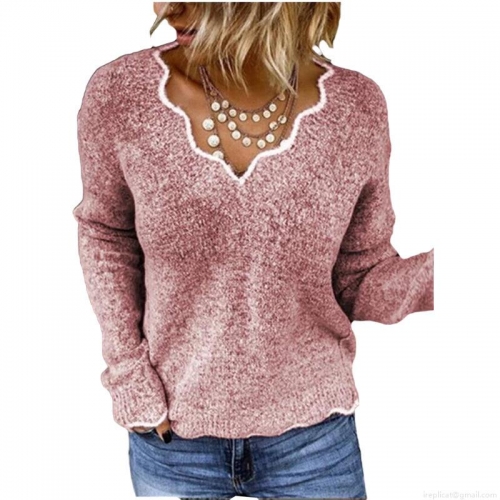 Women's V-Neck Scalloped Edge Knit Sweater Acrylic Loose Long Sleeve Pullover Casual Solid Color Jumper Fashion Streetwear Autumn Winter Top