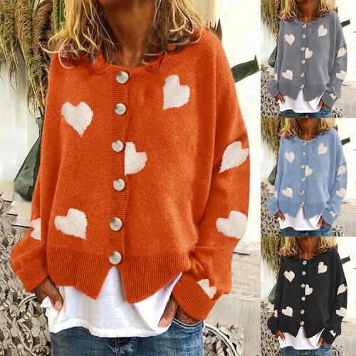 Women Heart Pattern Knitted Cardigan Sweater Long Sleeve Single Breasted O-Neck Loose Fit Knit Outerwear Sweet Casual Fall Winter Tops