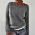 Women's Casual Round Neck Long Sleeve Knitted Sweater Solid Color Soft Mohair Style Pullover Knitwear Tops For Daily Commuting