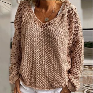 Women's Hollow Out Hooded Knit Sweater Loose V-Neck Long Sleeve Crochet Sun Protection Pullover Top Casual Summer Beach Breathable Knitwear