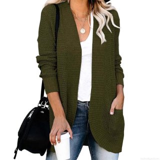 Women Loose Waffle Knit Cardigan Mid Length Open Front Sweater With Pockets Casual Long Sleeve Knitted Coat Fall Winter Solid Outerwear