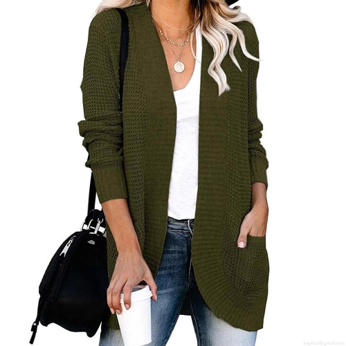 Women Loose Waffle Knit Cardigan Mid Length Open Front Sweater With Pockets Casual Long Sleeve Knitted Coat Fall Winter Solid Outerwear