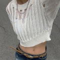 Women's Acrylic Hollow Out Knit Crop Top Sweater Sexy Round Neck Long Sleeve Pullover Streetwear Casual Crochet Jumper Tops