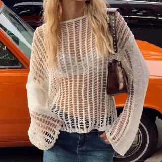 Women Sexy Hollow Out Crochet Knit Cover Up Top Long Sleeve Round Neck Pullover Beach Vacation Streetwear Solid Color Sun Protection Sweater