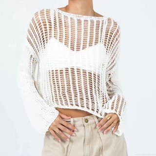 Women's Hollow Out Crochet Knit Top Long Sleeve Bell Sleeve Sheer Polyester Sun Protection Cover Up Cropped Sweater For Beach Vacation Y2K Streetwear