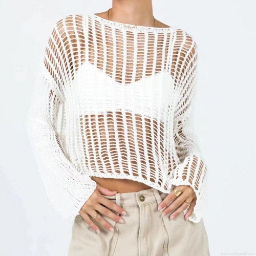 Women's Hollow Out Crochet Knit Top Long Sleeve Bell Sleeve Sheer Polyester Sun Protection Cover Up Cropped Sweater For Beach Vacation Y2K Streetwear