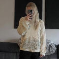 French Sexy Hollow Out Star Crochet Knit Top Women's Loose Grid Long Sleeve See Through Mesh Cover Up Blouse Lightweight Breathable Star Shirt