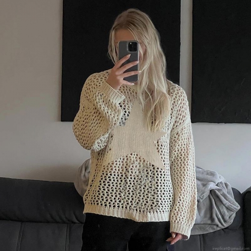 French Sexy Hollow Out Star Crochet Knit Top Women's Loose Grid Long Sleeve See Through Mesh Cover Up Blouse Lightweight Breathable Star Shirt