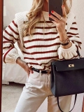 Women's Striped Knit Sweater Round Neck Puff Sleeve Pullover Slim Fit Long Sleeve Knitted Jumper for Spring Autumn Casual Daily Tops