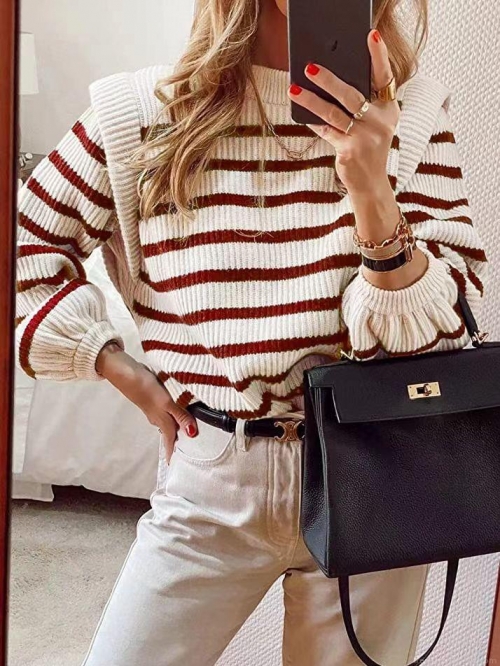 Women's Striped Knit Sweater Round Neck Puff Sleeve Pullover Slim Fit Long Sleeve Knitted Jumper for Spring Autumn Casual Daily Tops