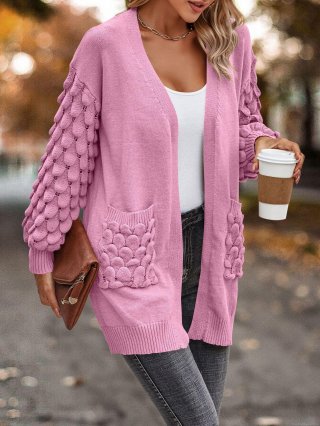 Women's V Neck Knitted Cardigan With 3D Popcorn Texture Bubble Sleeves Loose Open Front Mid Length Sweater Coat Casual Outerwear With Pockets For Spring Autumn