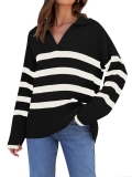 Women's Striped Knit Sweater Lapel V Neck Loose Fit Long Sleeve Pullover Polyester Spandex Blend Jumper For Autumn Winter Casual Office Wear