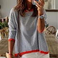 Women's Striped Knit Pullover Sweater Contrast Color Ribbed Trim Round Neck Loose Fit Long Sleeve Short Sleeve Casual Knitwear Top for Vacation