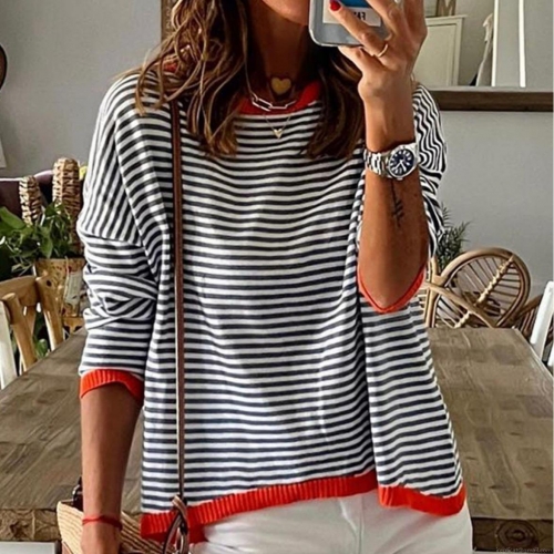 Women's Striped Knit Pullover Sweater Contrast Color Ribbed Trim Round Neck Loose Fit Long Sleeve Short Sleeve Casual Knitwear Top for Vacation