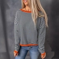 Women's Striped Knit Sweater Casual Long Sleeve Color Block Contrast Trim Crewneck Drop Shoulder Pullover Top For Autumn Winter Streetwear