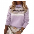 Women's Casual Fair Isle Geometric Knit Sweater Polyester Long Sleeve Round Neck Loose Pullover Streetwear Winter Tops