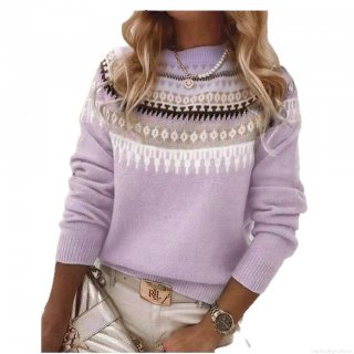 Women's Casual Fair Isle Geometric Knit Sweater Polyester Long Sleeve Round Neck Loose Pullover Streetwear Winter Tops