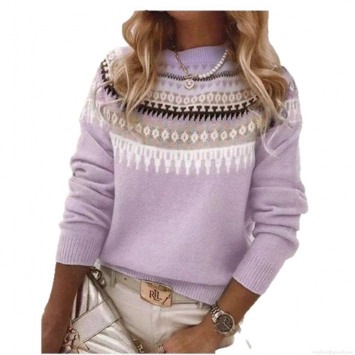 Women's Casual Fair Isle Geometric Knit Sweater Polyester Long Sleeve Round Neck Loose Pullover Streetwear Winter Tops