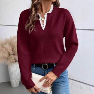 Women's Elegant V-Neck Knit Sweater Fashion Lace Trim Long Sleeve Pullover Tops Solid Color Casual Jumper for Autumn Winter