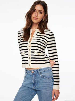 Women's Elegant Striped Knit Cardigan Slim Fit Short Jacket With Gold Metal Buttons Contrast Color Long Sleeve Cotton Blend Top For Daily Office Work