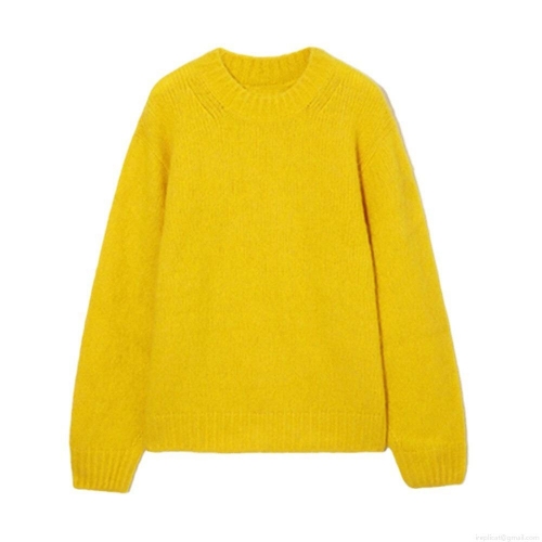 Women's Casual Round Neck Long Sleeve Knit Sweater Solid Color Standard Fit Polyester Blend Mohair Texture Pullover Top For Autumn Winter