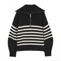 Women's Casual Cotton Blend Half Zip Knit Sweater Loose Striped Solid Pullover Jumper For Daily Commute Minimalist Long Sleeve Thick Knit Top