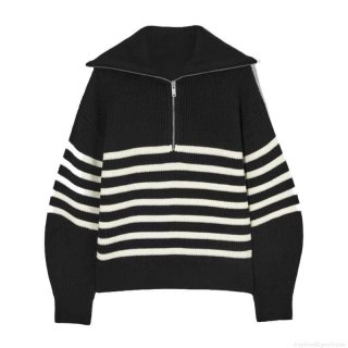 Women's Casual Cotton Blend Half Zip Knit Sweater Loose Striped Solid Pullover Jumper For Daily Commute Minimalist Long Sleeve Thick Knit Top