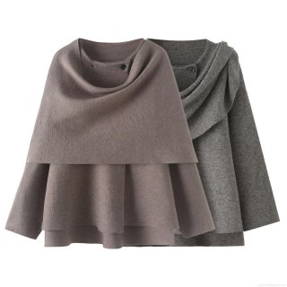 Women Elegant Asymmetrical Scarf Collar Knit Poncho Coat Cashmere Blend Thick Warm Winter Jacket Loose Fit Solid Color Pullover Outerwear For Casual Office