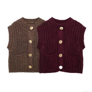 Women's Fashion Chunky Knit Vest Solid Color Sleeveless Open Front Cardigan With Gold Buttons Casual Loose Waistcoat Streetwear For Ladies Spring Autumn