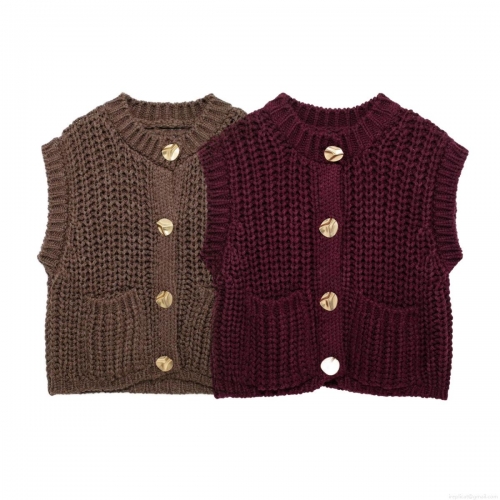 Women's Fashion Chunky Knit Vest Solid Color Sleeveless Open Front Cardigan With Gold Buttons Casual Loose Waistcoat Streetwear For Ladies Spring Autumn