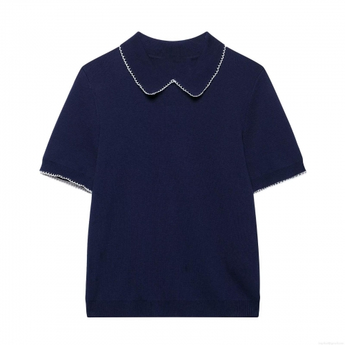 Women Peter Pan Collar Short Sleeve Knitted Top Casual Scalloped Edge Pullover Shirt Preppy Style Breathable Soft Knitwear Summer Tops