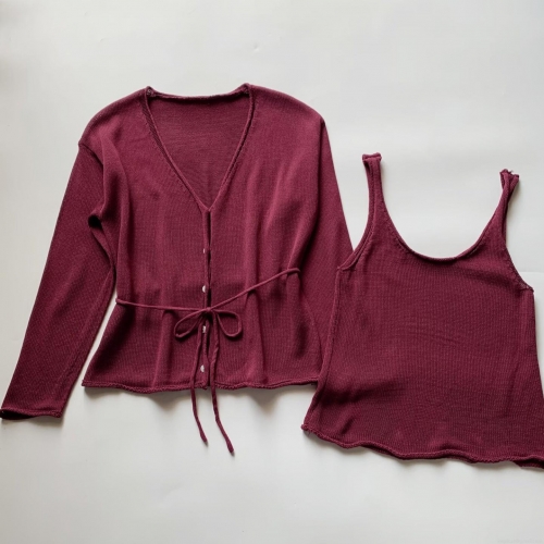 Women's Mercerized Cotton Knit Cardigan And Tank Top Set Angora Red V-Neck Button Down Lace Up Waist Casual Loungewear Soft Knitwear Tops For Women