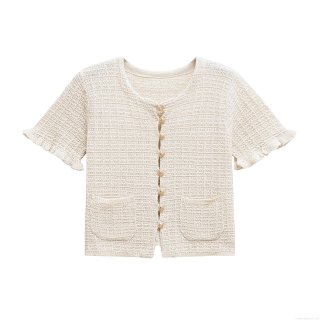 Women's Short Sleeve Knit Cardigan Vintage Tweed Style Lion Head Gold Button Ruffle Trim Top Elegant Casual Crew Neck Short Sweater For Women