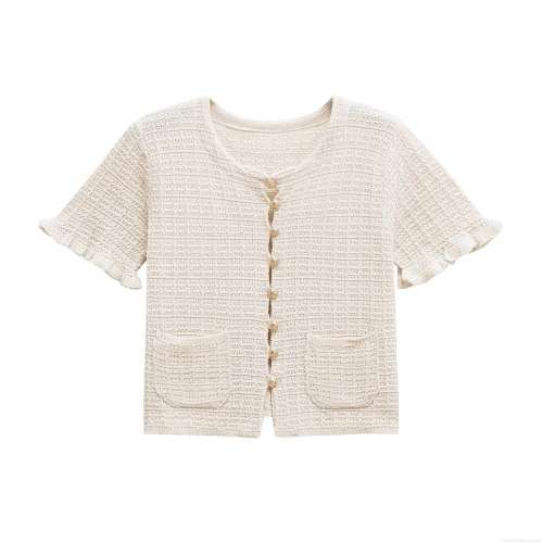 Women's Short Sleeve Knit Cardigan Vintage Tweed Style Lion Head Gold Button Ruffle Trim Top Elegant Casual Crew Neck Short Sweater For Women