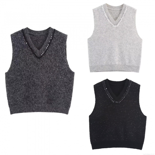 Women's V Neck Knit Vest Sleeveless Sequin Trim Sweater Casual Solid Color Soft Knitwear Top For Summer Daily Wear