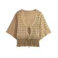 Women's V-Neck Knit Cardigan Short Sleeve Crochet Hollow Out Lace Patchwork Tie-Up Apricot Top Casual Bohemian Style Cotton Blend Sweater