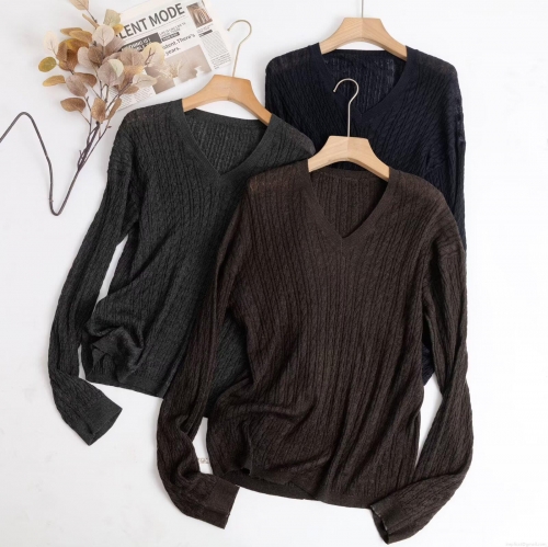 Women's V-Neck Cable Knit Sweater Wool Blend Long Sleeve Loose Fit Casual Pullover Solid Color Autumn Winter Minimalist Knitwear Tops For Women