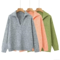 Women's Solid Color Knit Sweater Lapel V-Neck Loose Long Sleeve Pullover Warm Jumper Top For Autumn Winter