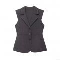 Women's Autumn Slim Fit Knit Suit Vest Elegant V-Neck Sleeveless Button Front Polyester Solid Color Grey Waistcoat For Commuting Daily Wear