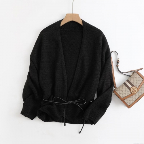 Women's Casual Wool Blend V-Neck Knit Cardigan With Belt Loose Fit Acrylic Nylon Long Sleeve Sweater Jacket For Daily Wear Winter Autumn