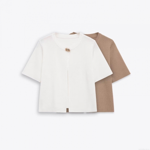 Women's Knitted Short Sleeve Cardigan Round Neck Single Metal Button Solid Color Casual Knit Top Soft Breathable Polyester Spandex Blend Sweater For Ladies