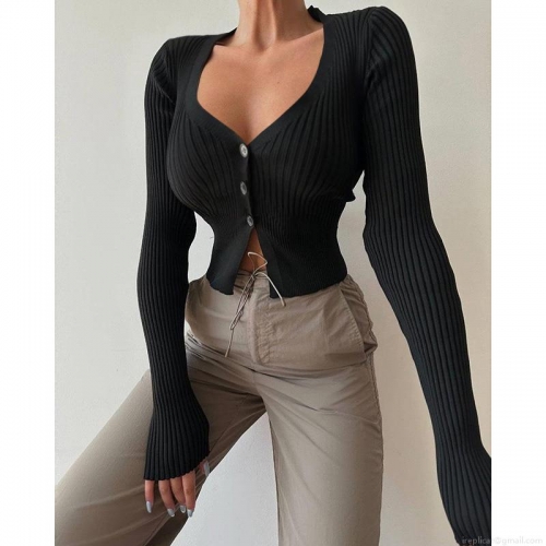 Women's Sexy Deep V Neck Rib-Knit Cardigan Long Sleeve Single Button Slim Fit Cropped Top Streetwear Autumn Fashion Knitted Sweater