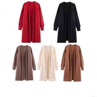 Women's Long Sleeve Knit Cardigan Sweater With Rivet Stud Decoration Open Front Elegant Fashion Solid Color Polyester Outerwear Coat For Women