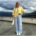 Women's Sweet Yellow Knit Cardigan With Front Bow Ties Ruffle Cuffs Long Sleeve Casual V-Neck Polyester Sweater For Daily Wear Party