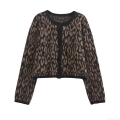 Women Leopard Print Cardigan Sweater Knitted Fuzzy Mohair Like Button Up Cropped Jacket Casual Loose Long Sleeve Outwear Fall Winter